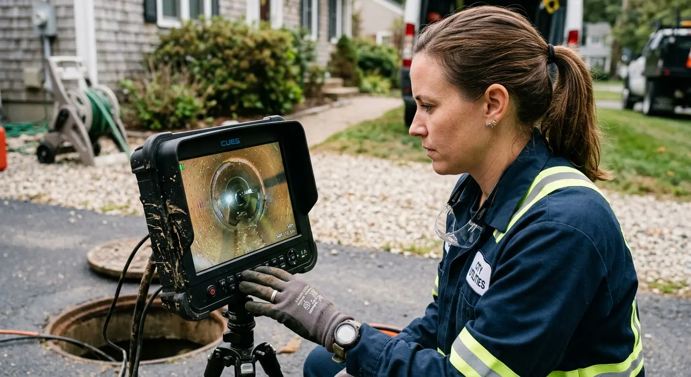 Technician reviewing sewer camera inspection footage in Newmarket