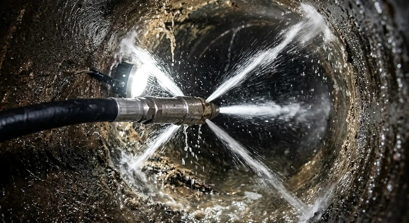 High-pressure hydro jetting nozzle cleaning sewer pipe for Trenchless Sewer Repair in Newmarket