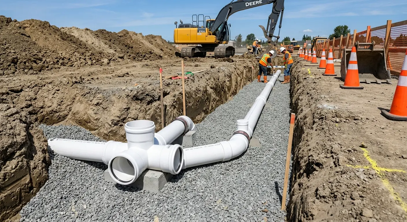 New PVC sewer pipe installation in open trench for Commercial Drain Cleaning in Newmarket
