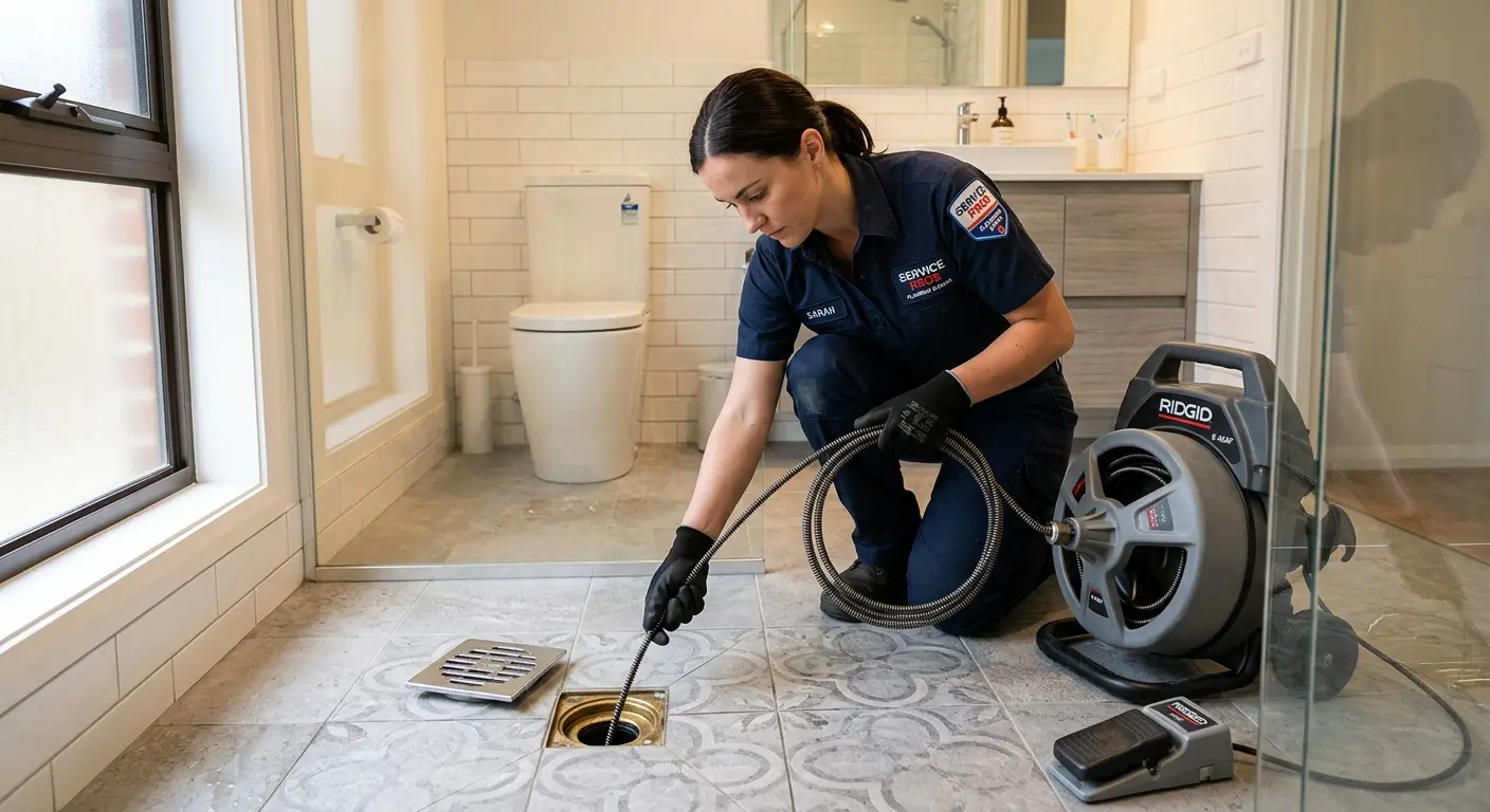 Technician clearing a bathroom floor drain for Drain Cleaning in Newmarket